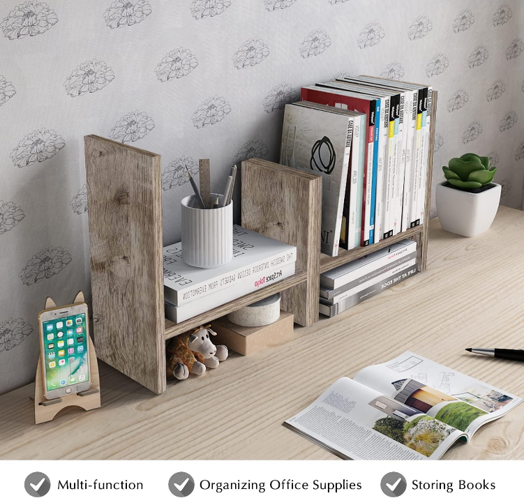 Desktop Organizer Office Storage Rack Adjustable Wood Display Shelf - Free Style Double H Display - Gray Oak