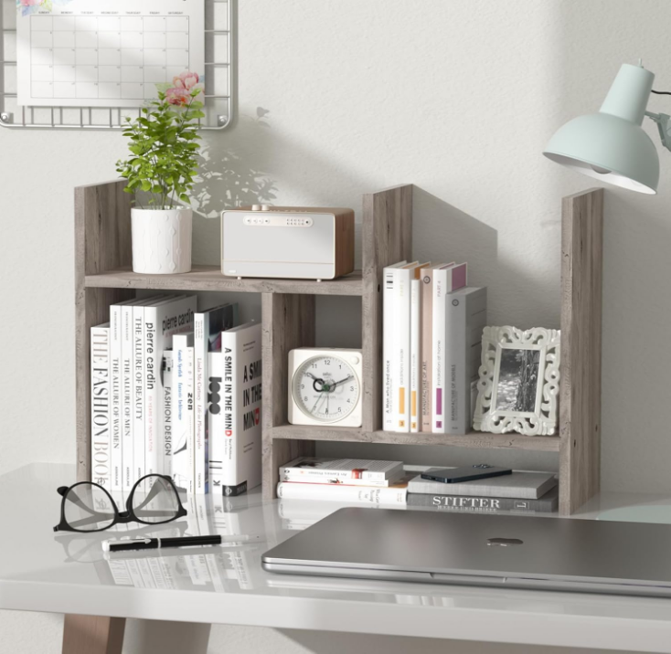 Desktop Bookshelf Vintage Desktop Organizer MDF Wood Desk Storage Shelf Counter Office Storage Rack Top Bookcase Display Books Office Supplies Light Grey Oak Bookshelf for Desktop
