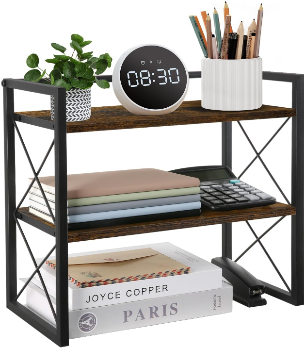 Desktop Shelf Organizer, 2 Tier Office Shelves, Wood Desk Organizer Storage Rack and Freestanding Display Shelf for Office, Dormitory, Home
