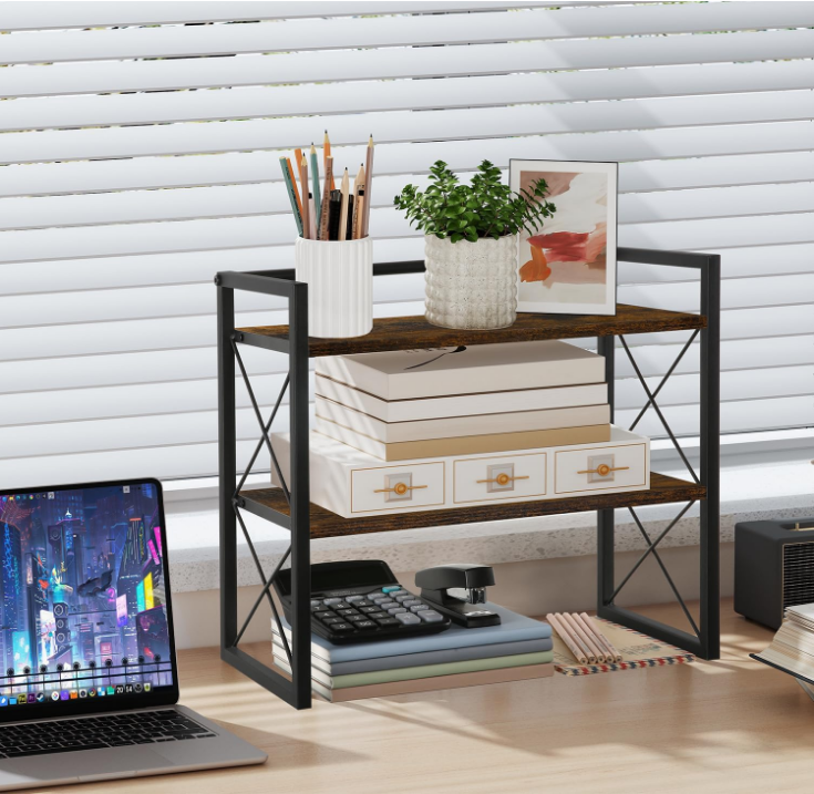 Desktop Shelf Organizer, 2 Tier Office Shelves, Wood Desk Organizer Storage Rack and Freestanding Display Shelf for Office, Dormitory, Home