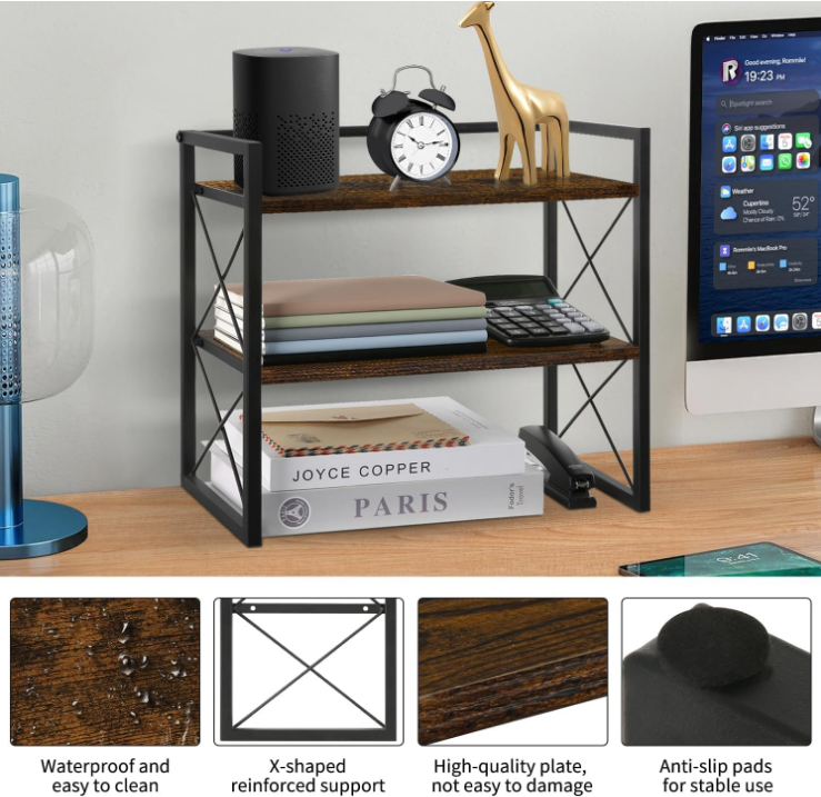 Desktop Shelf Organizer, 2 Tier Office Shelves, Wood Desk Organizer Storage Rack and Freestanding Display Shelf for Office, Dormitory, Home