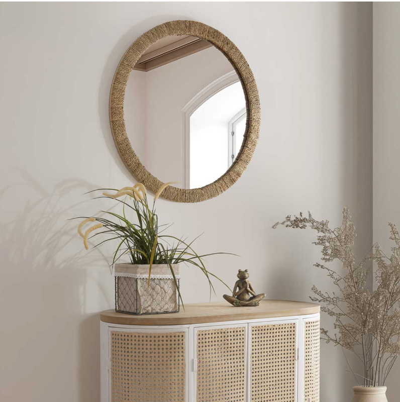 Espejo redondo con marco de yute