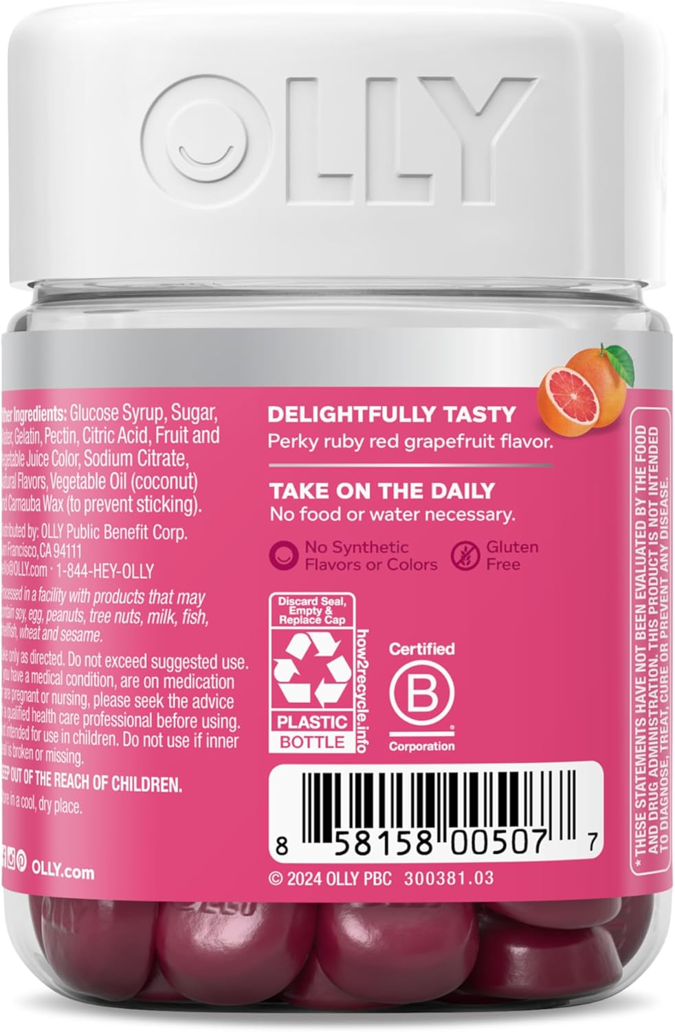 OLLY Undeniable Beauty Gummy, For Hair, Skin, Nails, Biotin, Vitamin C, Keratin, Chewable Supplement, Grapefruit, 30 Day Supply - 60 Count
