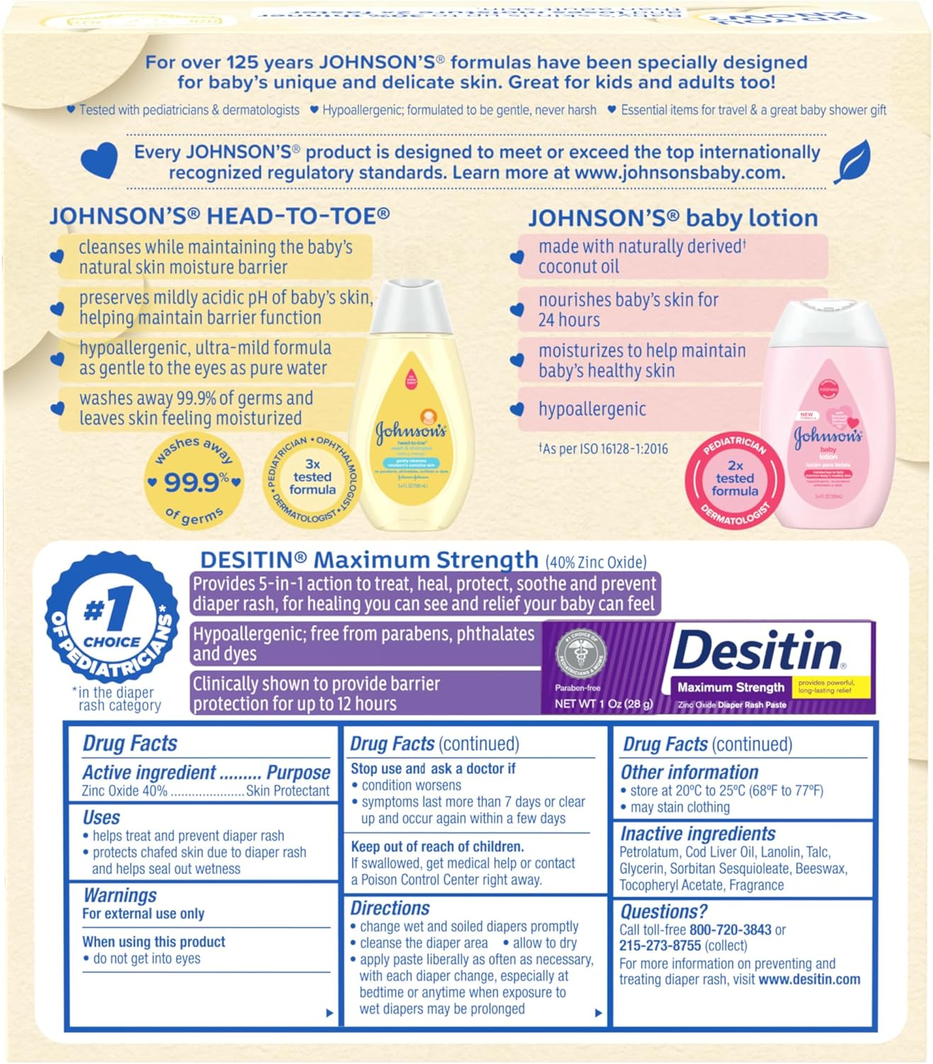 Johnson's Baby Care Essentials Gift Set, Body Lotion, & Zinc Oxide Diaper Rash Paste for Baby's Delicate Skin, Value Pack, Travel-Size, Bath Essentials Must Haves, Baby Gifts, 3 Items