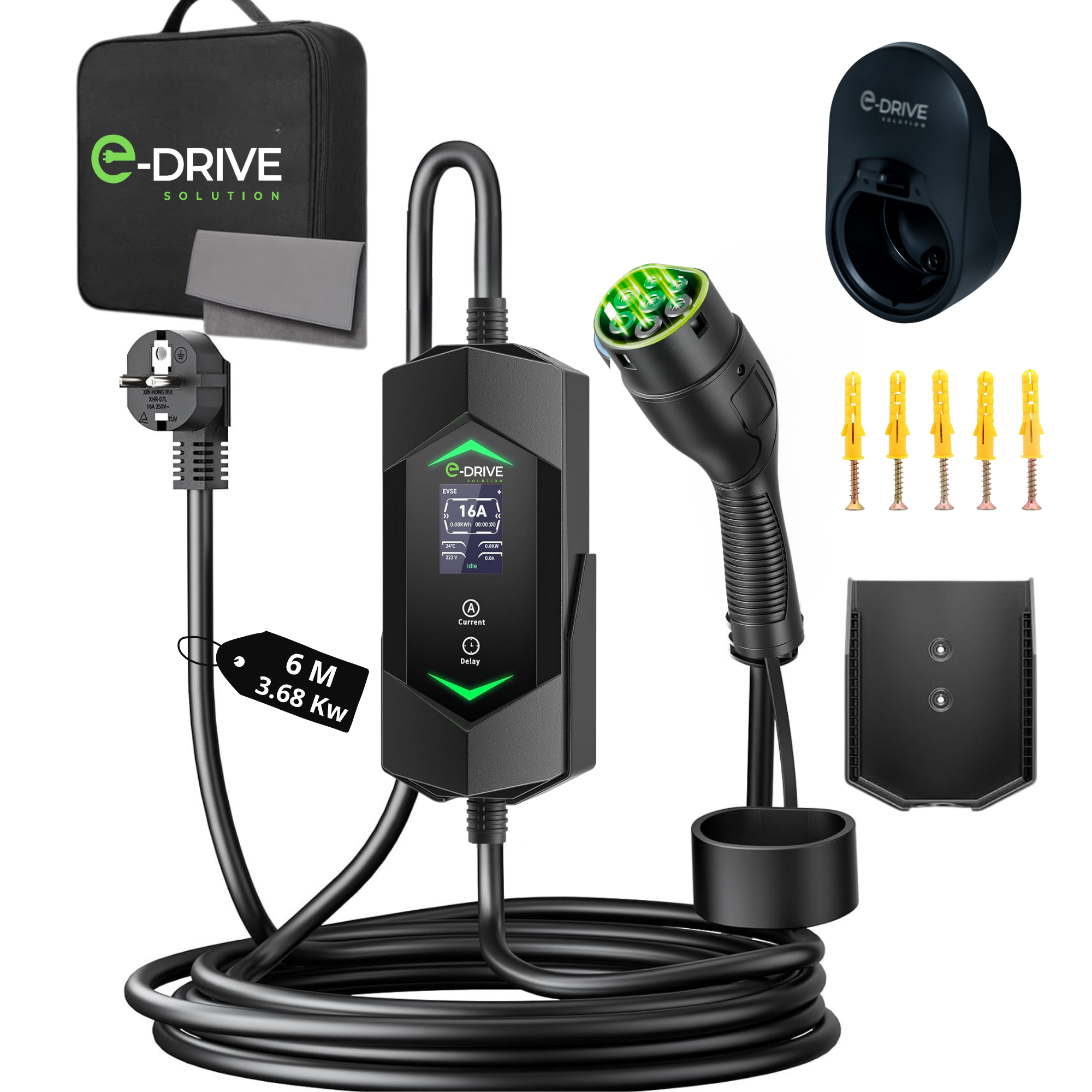 ⚡ Chargeur Voiture Électrique E-Drive Solution –  6A/16A avec Support Mural & support Câble Type 2