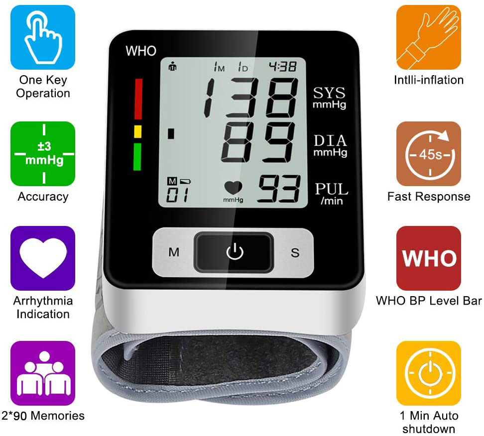 Wrist Blood Pressure Monitor Automatic Wrist Bp Monitor Talking Blood Pressure Cuff for Home Use Adjustable Cuffs for Adult Electronic Digital Large LCD Display with Battery and Carrying Case