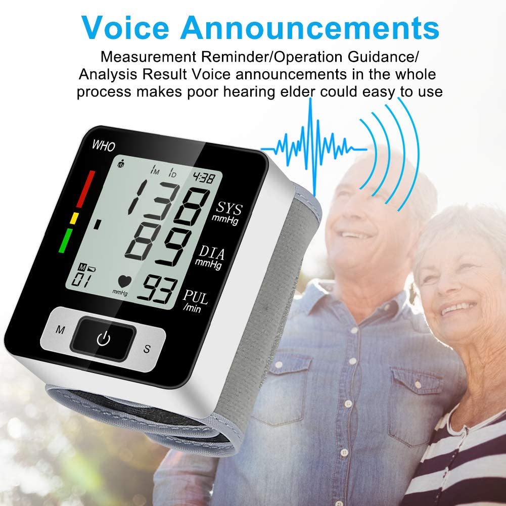 Wrist Blood Pressure Monitor Automatic Wrist Bp Monitor Talking Blood Pressure Cuff for Home Use Adjustable Cuffs for Adult Electronic Digital Large LCD Display with Battery and Carrying Case