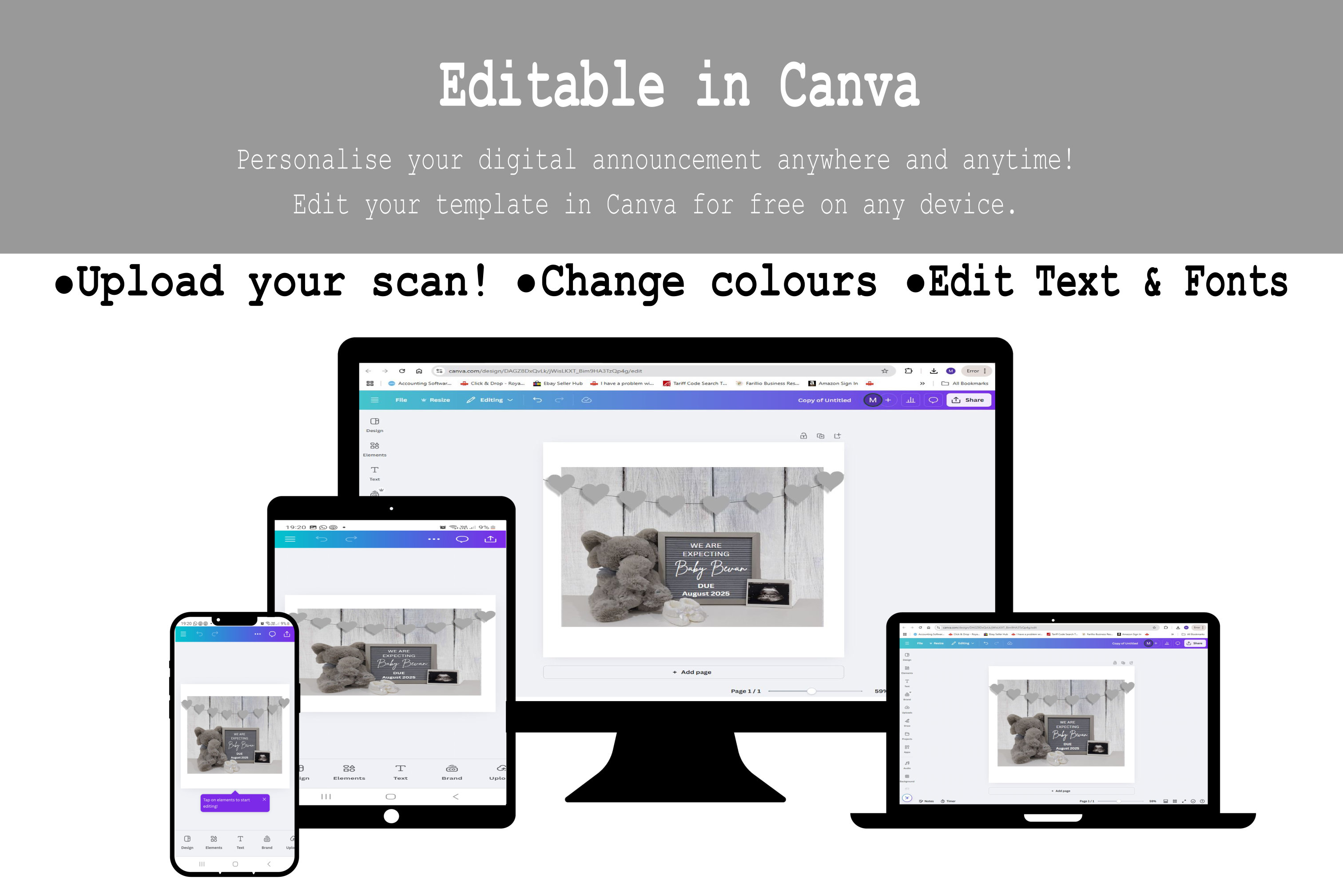 Create your own Digital Pregnancy Announcement Neutral, For Social Media, Facebook, Instagram, Pregnancy Reveal Personalised CANVA