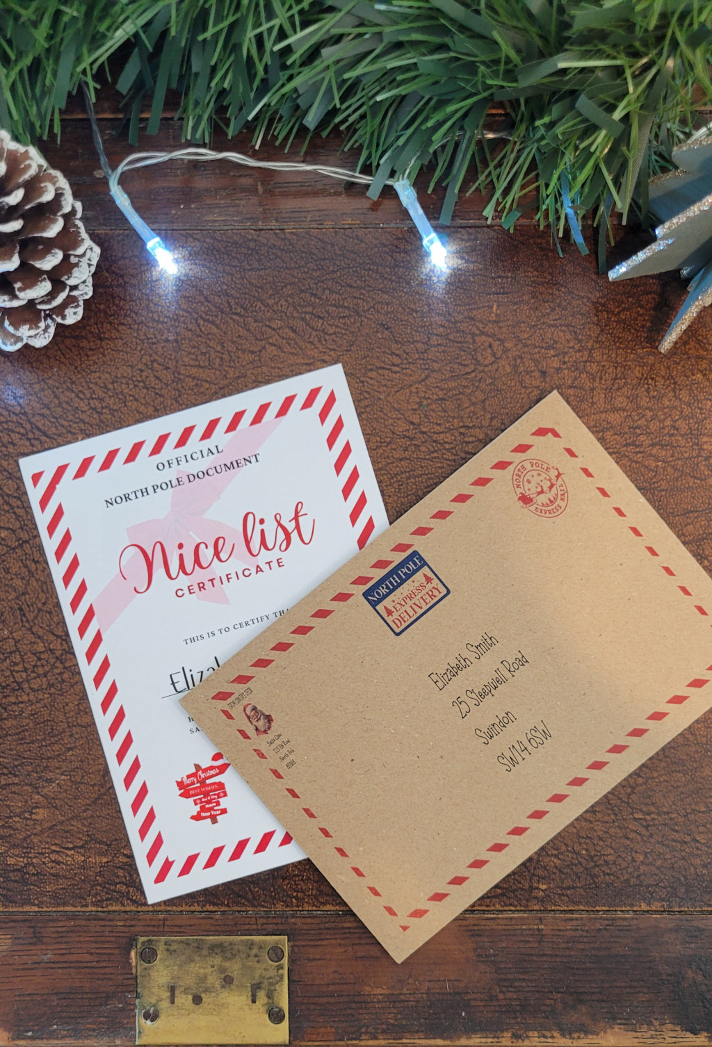 Personalised Letter & Nice List Certificate from Santa Claus – Custom Child’s Name, North Pole Delivery Envelope – Christmas Keepsake Gift (Choose Package)