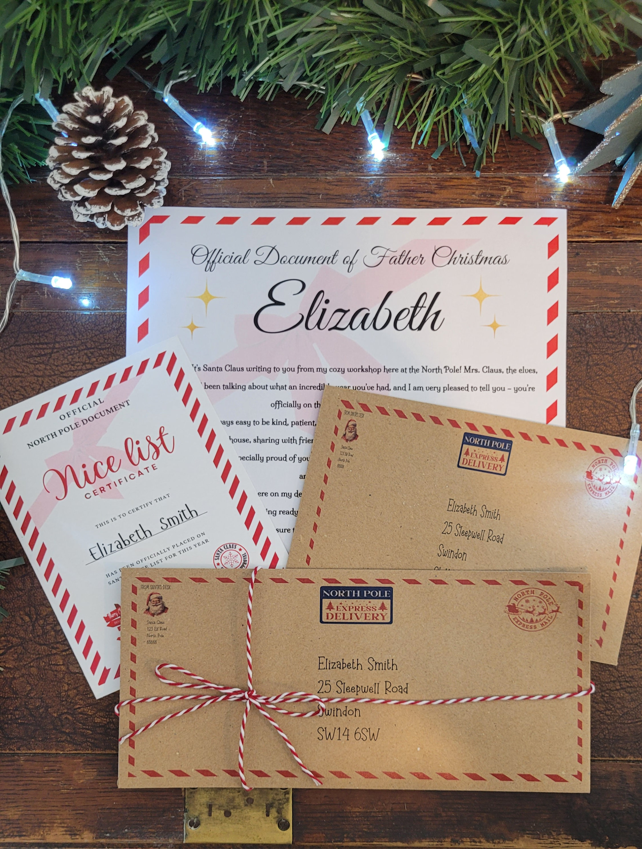 Personalised Letter & Nice List Certificate from Santa Claus – Custom Child’s Name, North Pole Delivery Envelope – Christmas Keepsake Gift (Choose Package)