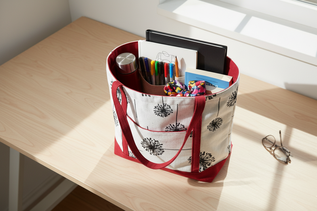 Dandelion Print Tote Bag - Red Shoulder Bag - Handmade Floral Canvas Market Bag - Unique Everyday Gift for Her - Thoughtful Fall Accessory