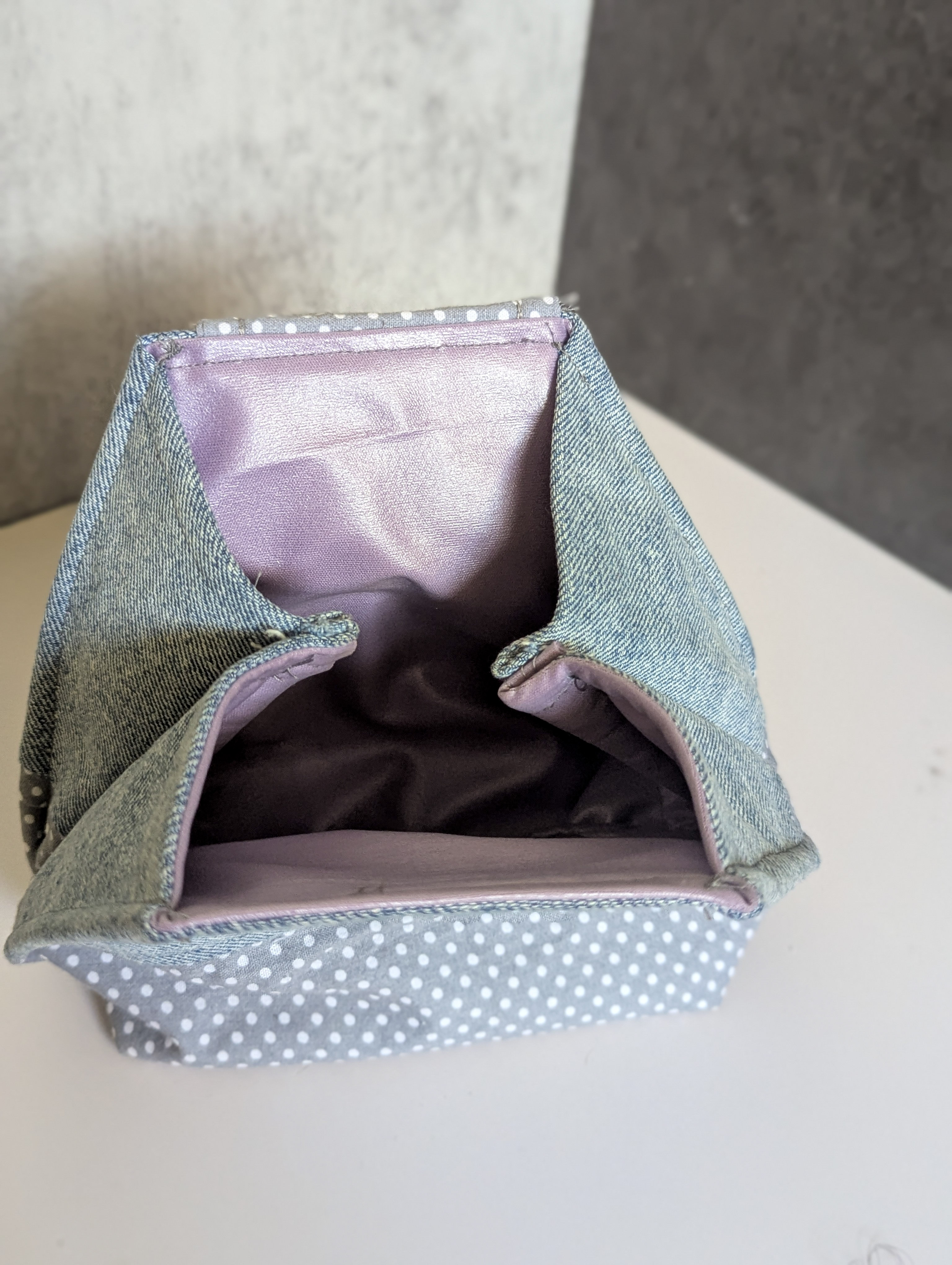 Upcycled Denim and Cotton Soft Clutch | Waterproof PUL Lined Cosmetic Pouch | Eco-Friendly Polka Dot Makeup Bag with Snap Closure
