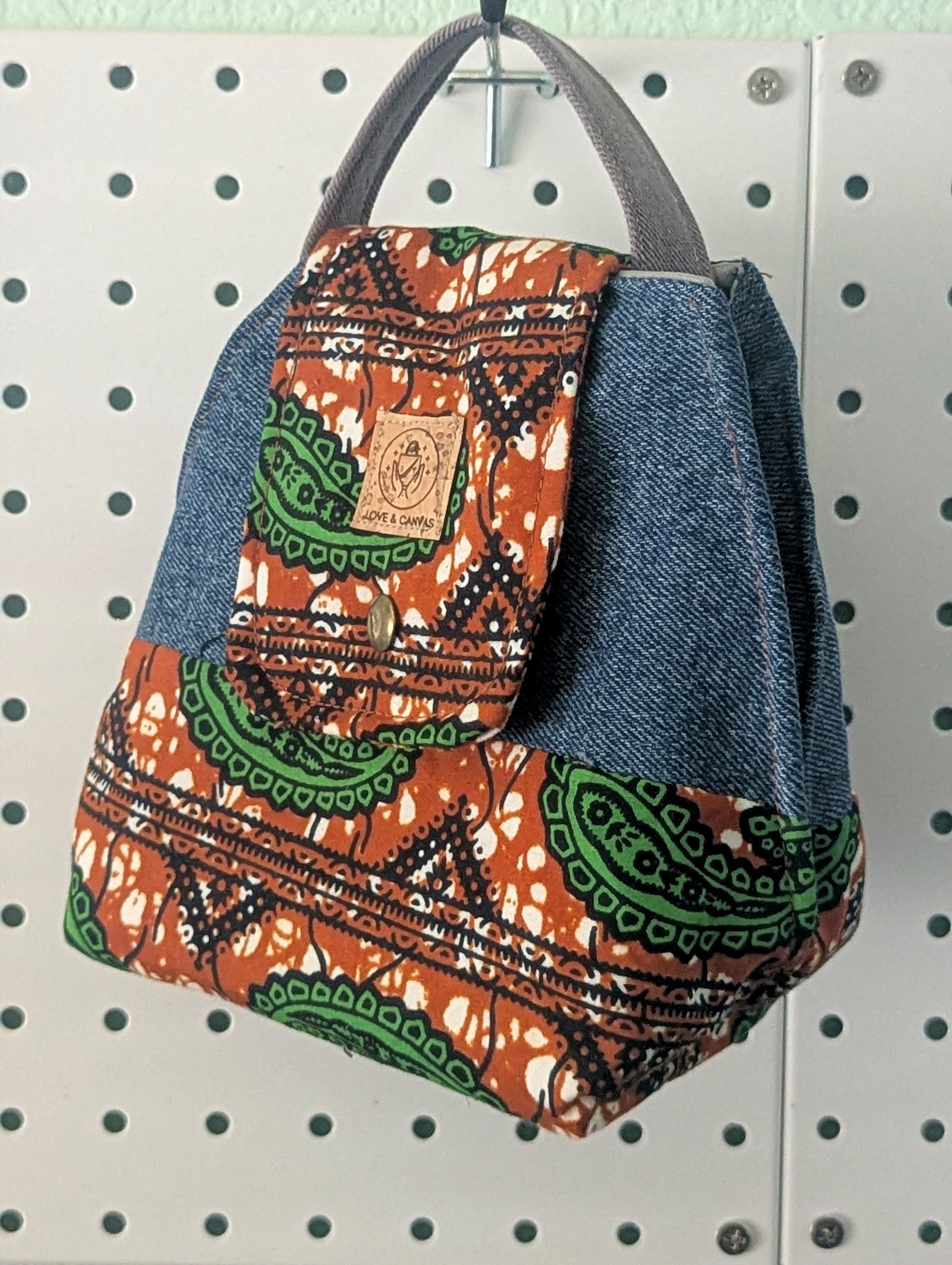Upcycled African Print Paisley & Denim Structured Handbag with Waterproof Lining — Handmade One of a Kind Botanical Collection