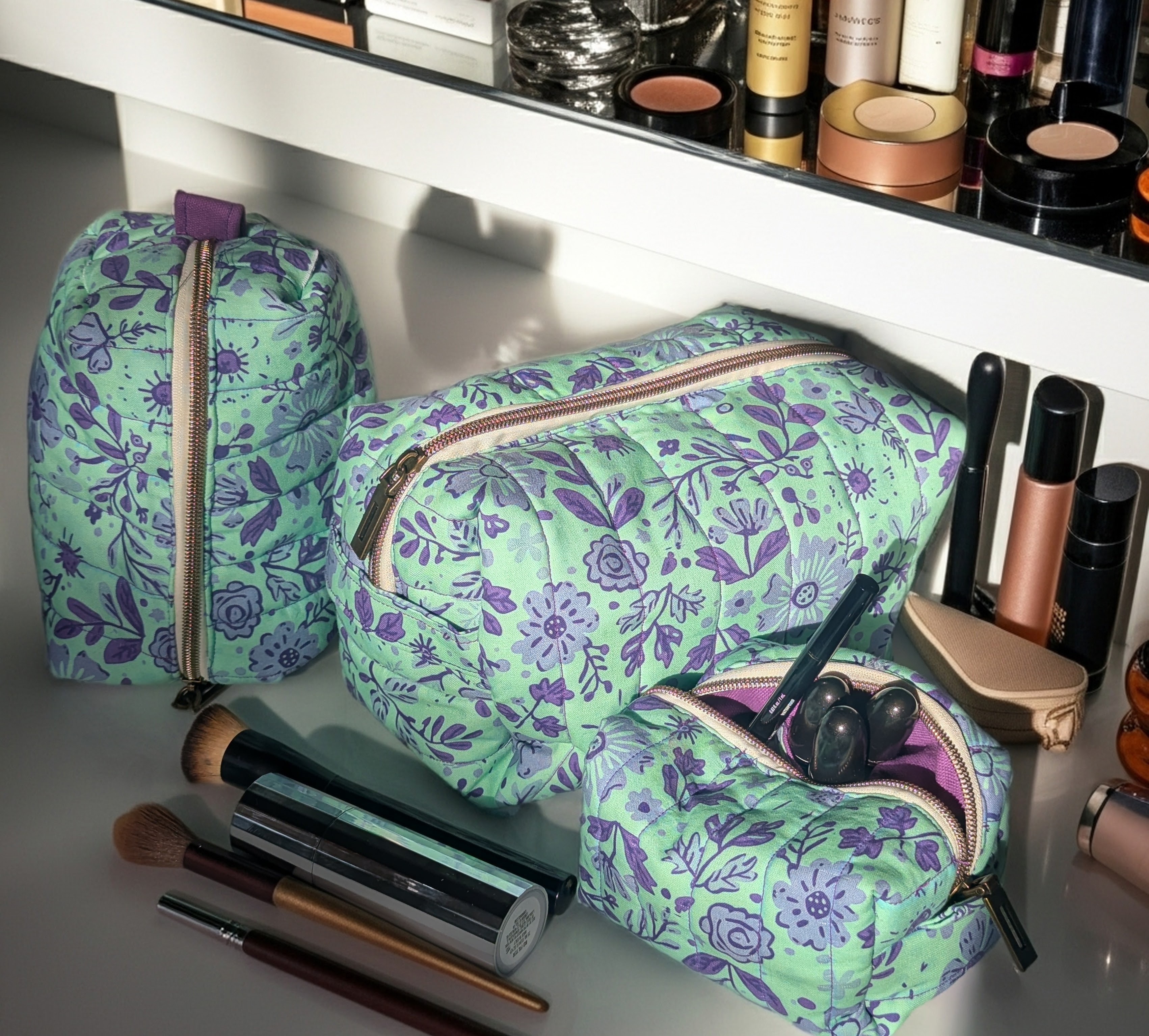 Quilted Zipper Cosmetic Bag | Structured Makeup Organizer | RN-Designed Travel Pouch