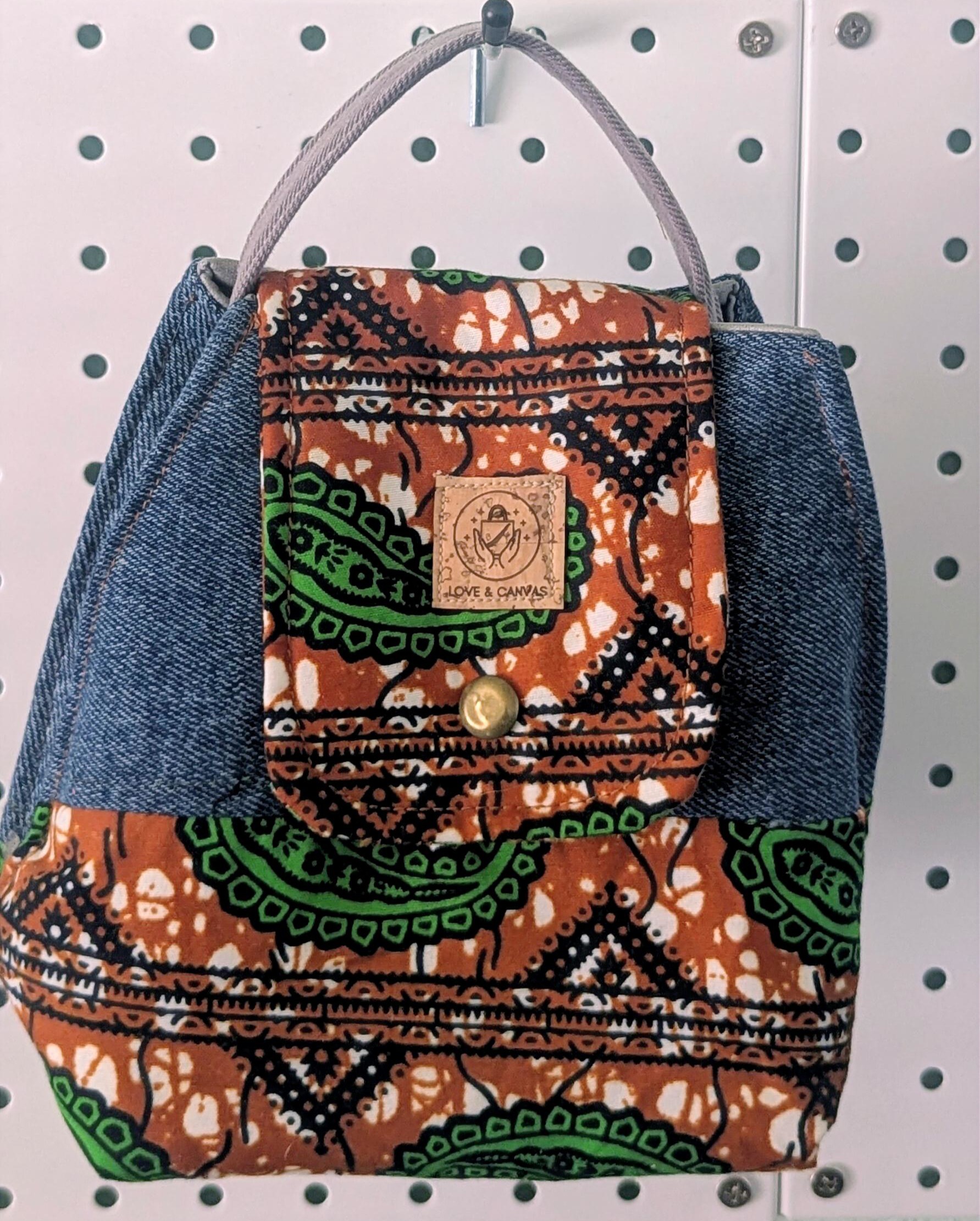 Upcycled African Print Paisley & Denim Structured Handbag with Waterproof Lining — Handmade One of a Kind Botanical Collection