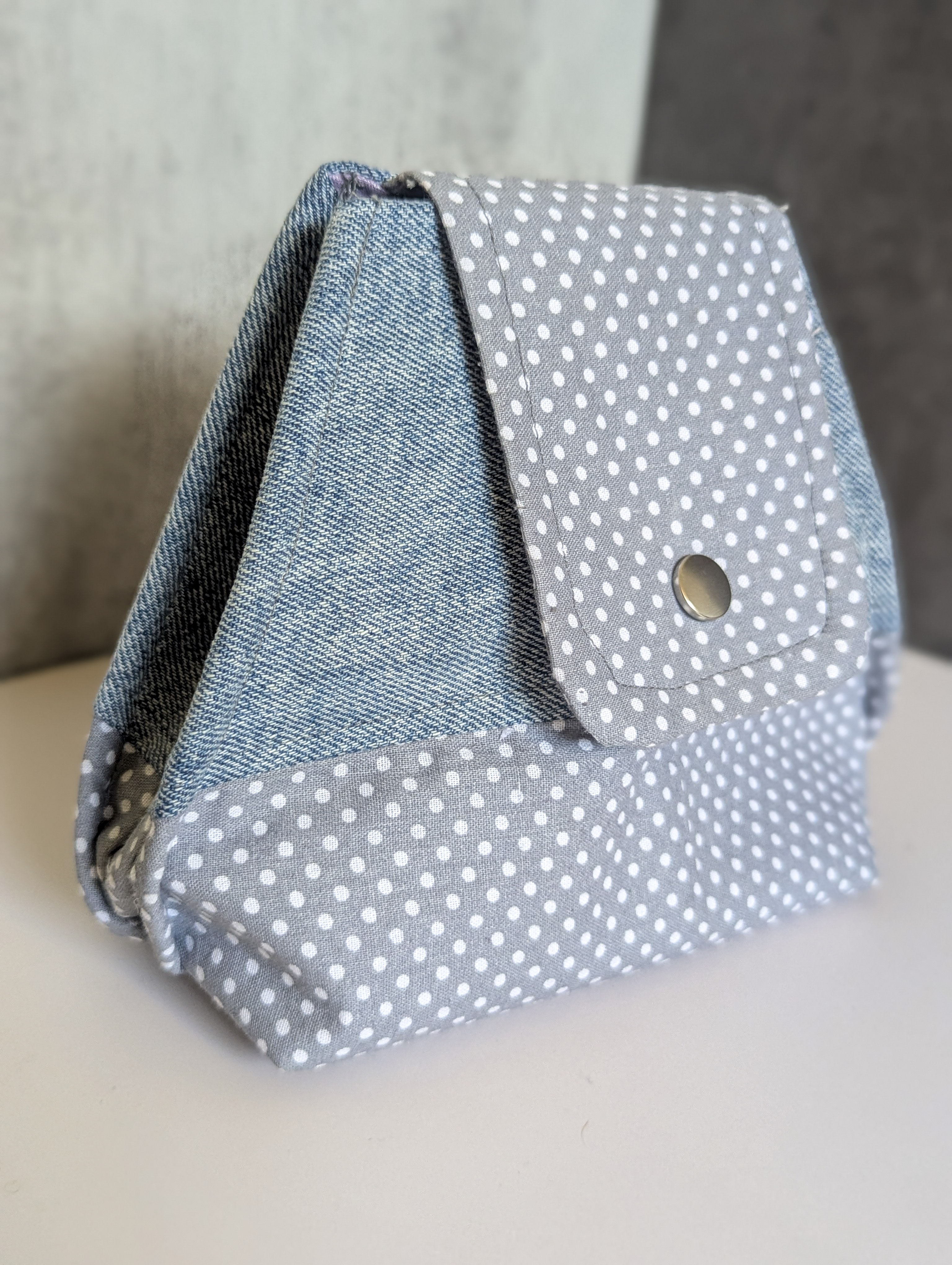 Upcycled Denim and Cotton Soft Clutch | Waterproof PUL Lined Cosmetic Pouch | Eco-Friendly Polka Dot Makeup Bag with Snap Closure