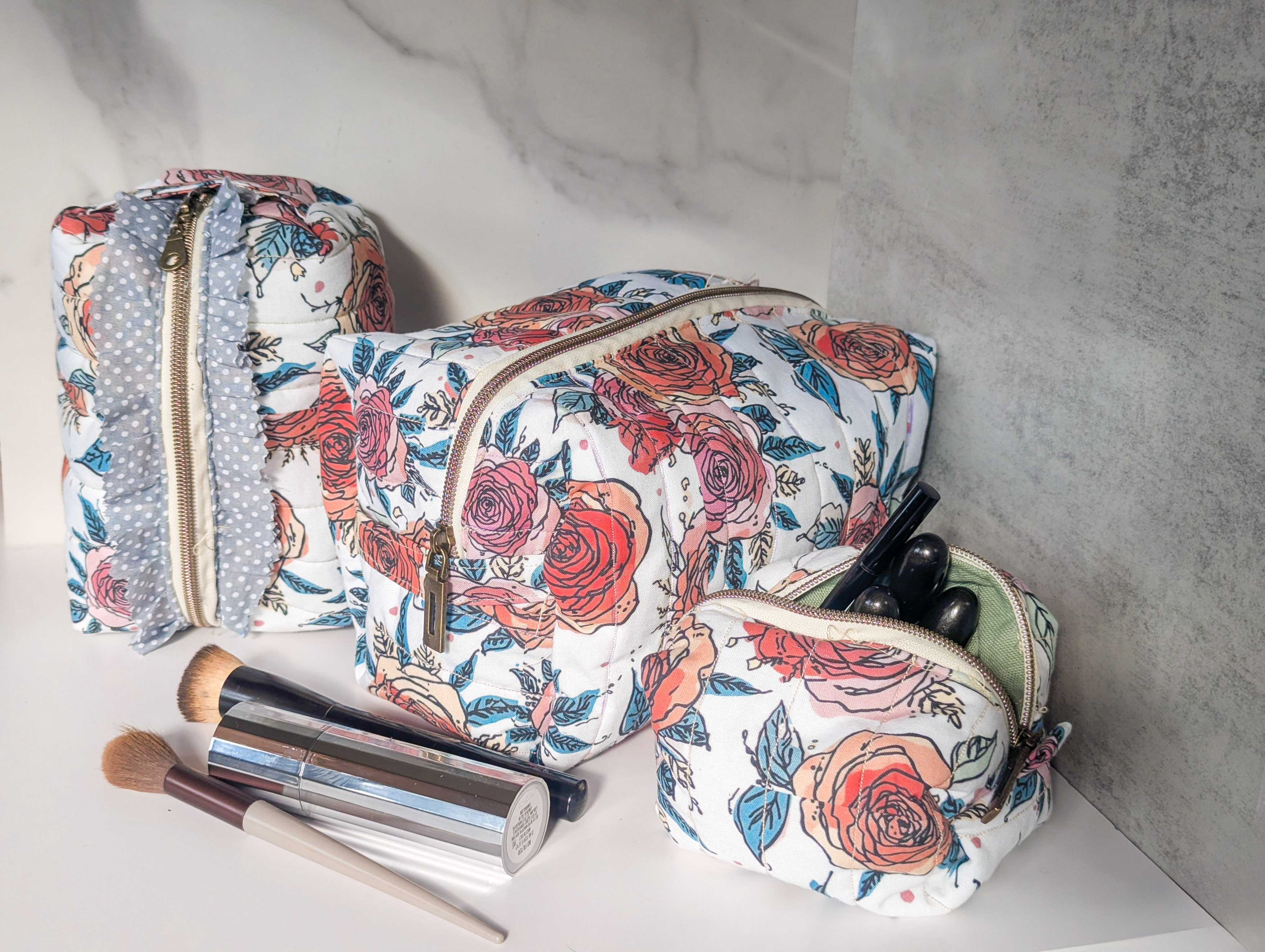 **LIMITED: The Quilted Floral Trio Gift Set (L, M, S) cosmetic beauty bag, tech organizer or storage