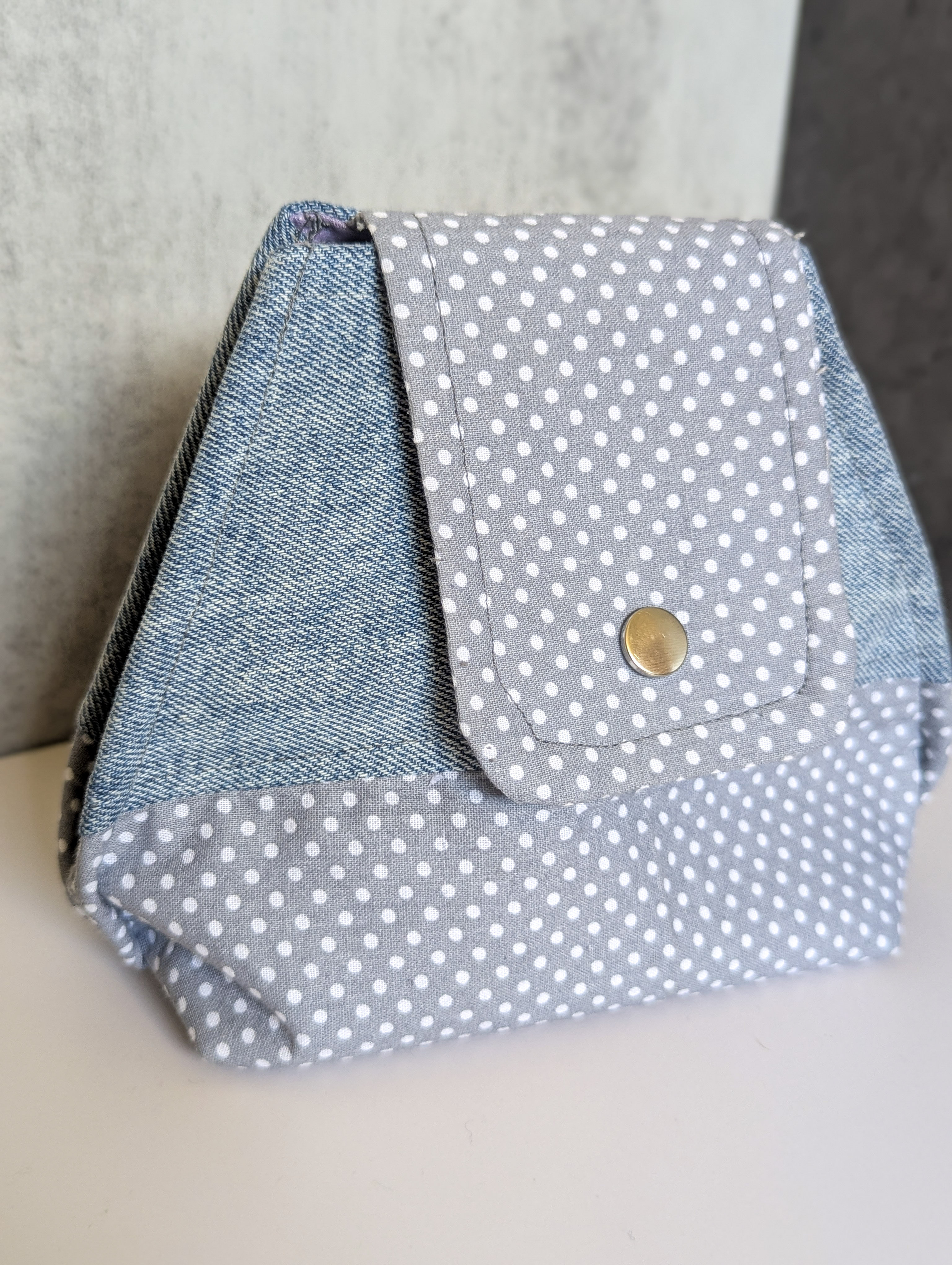 Upcycled Denim and Cotton Soft Clutch | Waterproof PUL Lined Cosmetic Pouch | Eco-Friendly Polka Dot Makeup Bag with Snap Closure
