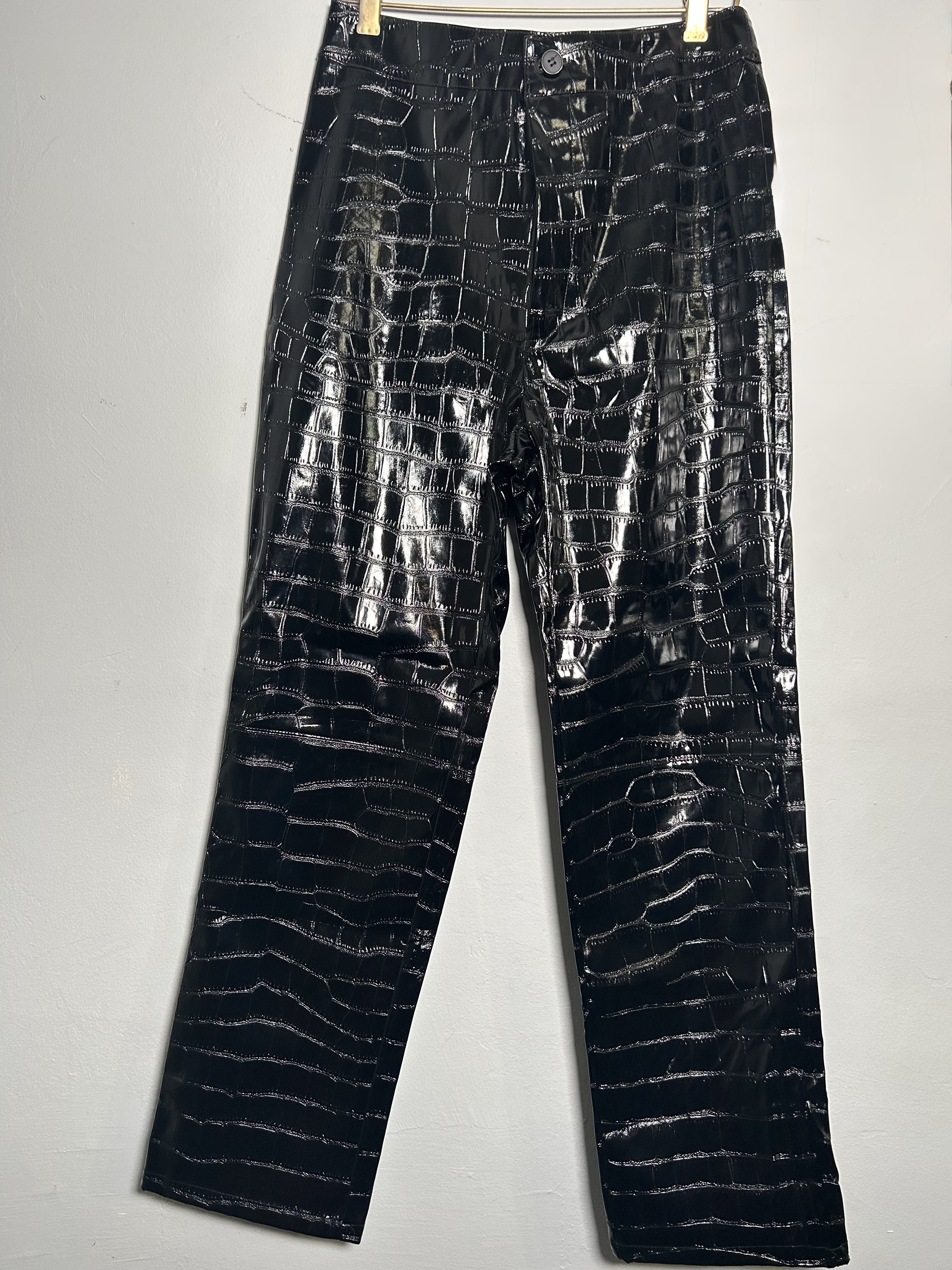 Black Leather Crocodile-Pattern Pants