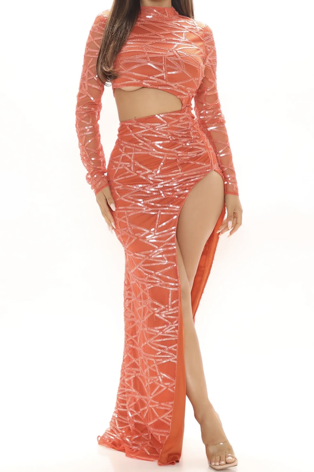Coral Geometric Sequin Evening Dress