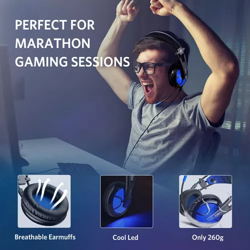 Auriculares Gamer Abkoncore para Pc con micrófono Audífonos Diadema luz led Azul