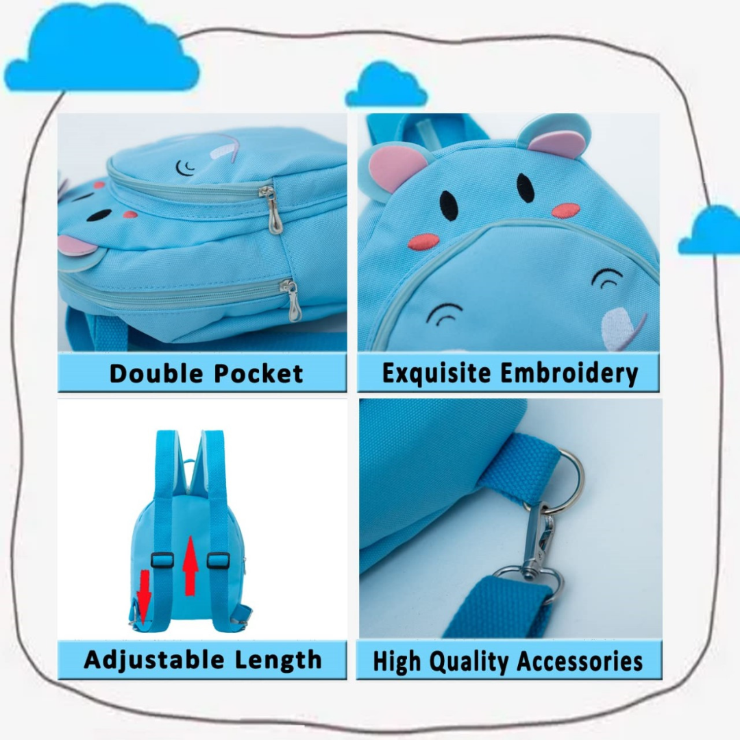 Mochila infantil seguridad con pulsera antiperdida para niños azul hipopótamo