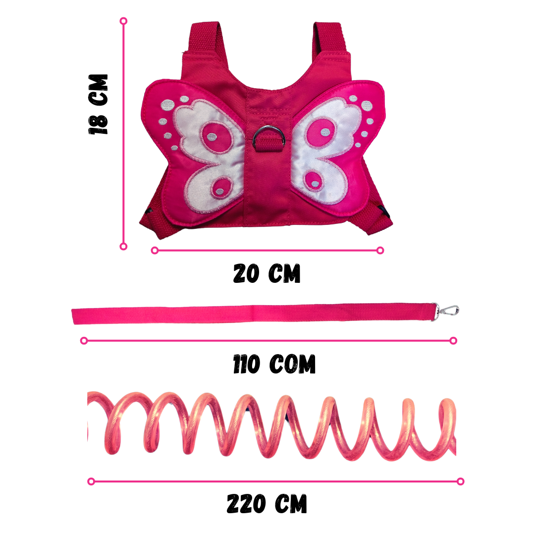 Arnés de seguridad antiperdida con correa para niñas de mariposa fucsia