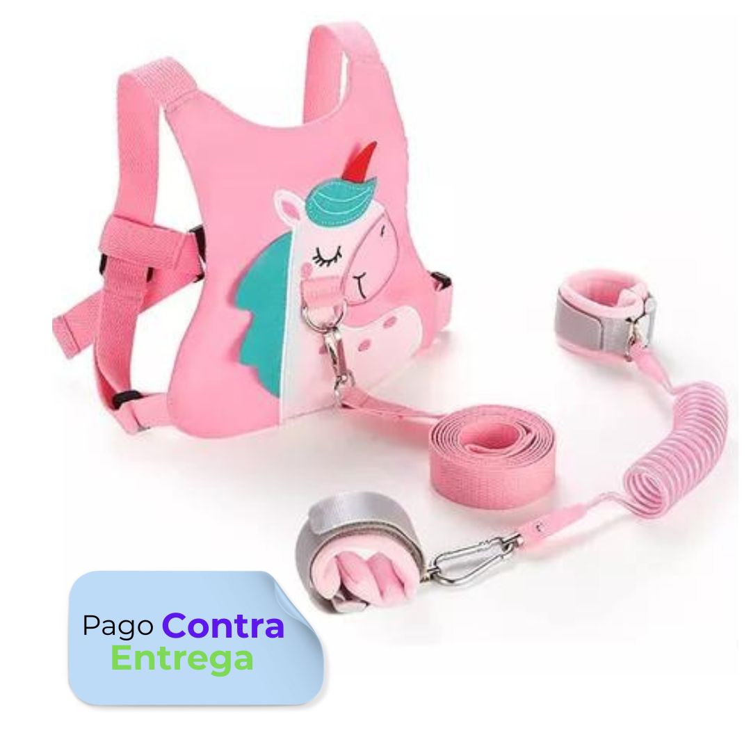 Arnés de seguridad antiperdida con correa y manillera de unicornio rosado para niñas 