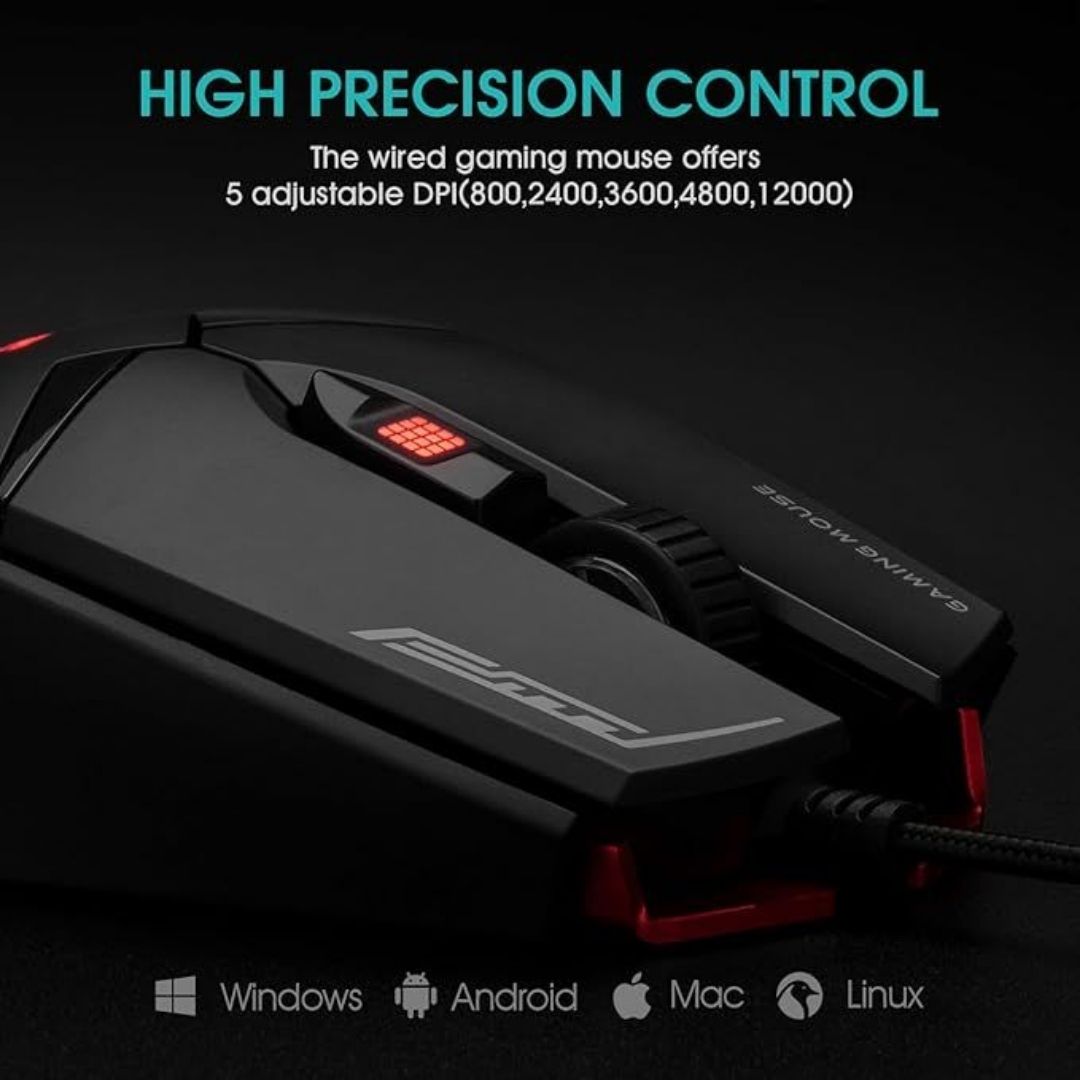 Mouse Gamer  Rii, Sensor Óptico De 12,000 Dpi, Ratón De Juegos 7 botones RBG
