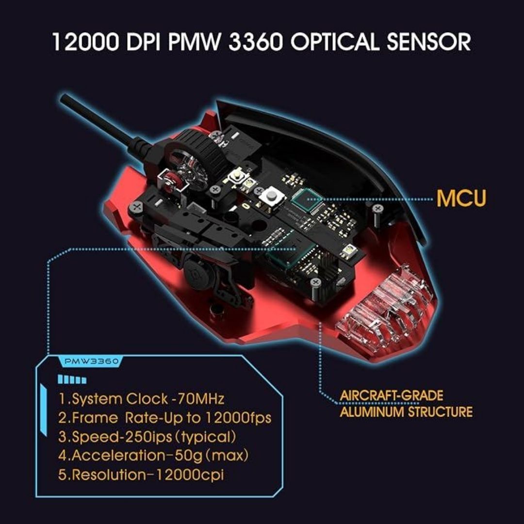 Mouse Gamer  Rii, Sensor Óptico De 12,000 Dpi, Ratón De Juegos 7 botones RBG