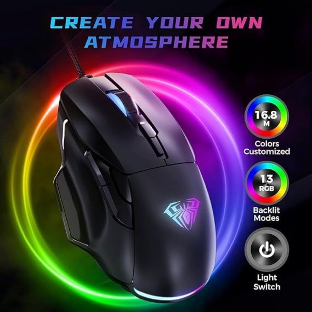 Aula Gaming Mouse, 12000 Dpi Rbg Wired Con 13 Modos iluminación 7 botones programables