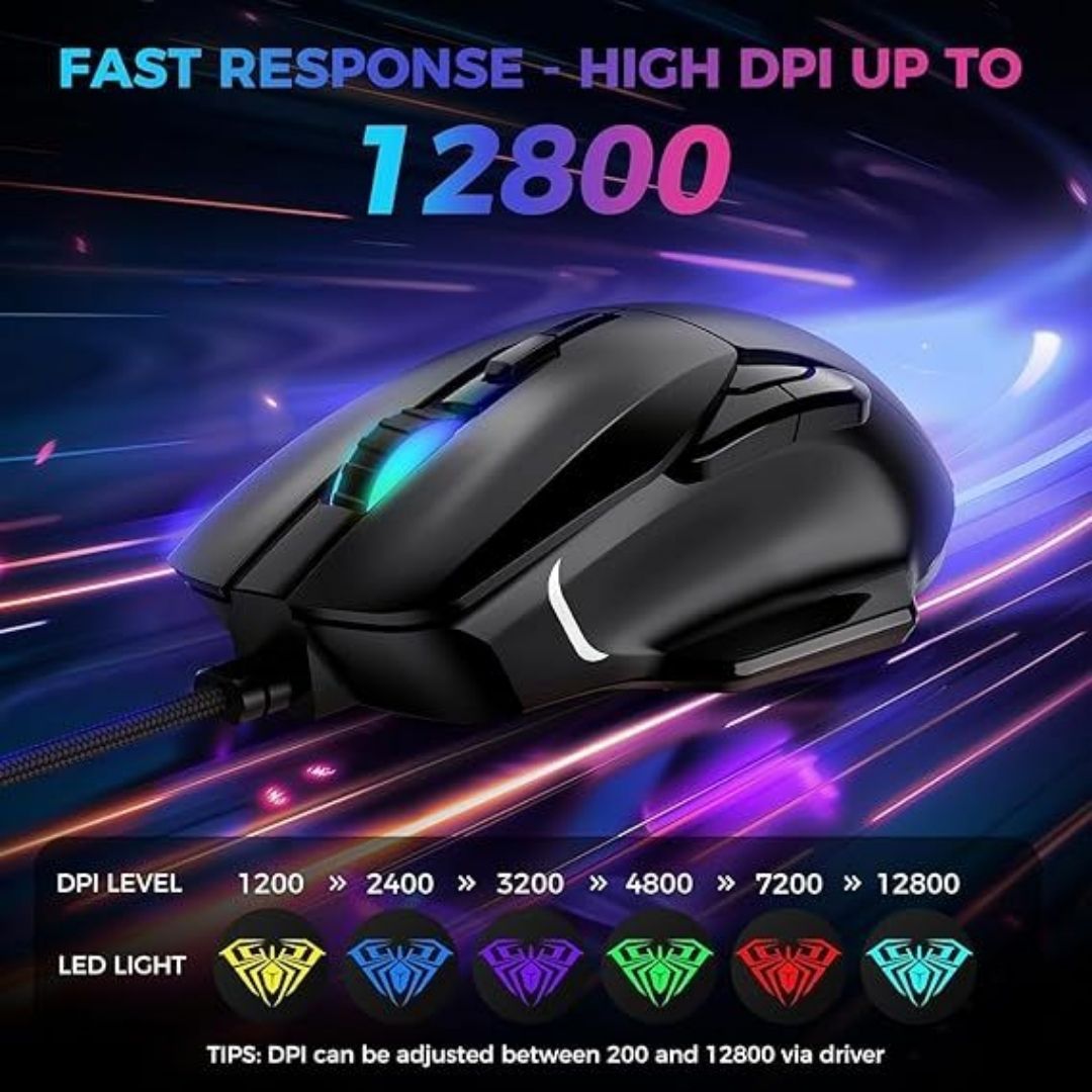 Aula Gaming Mouse, 12000 Dpi Rbg Wired Con 13 Modos iluminación 7 botones programables