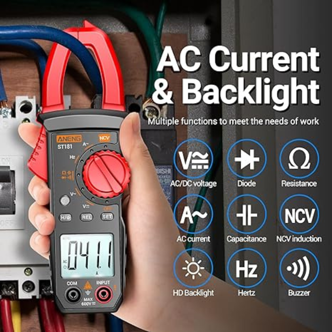 Pinza amperimetrica digital multímetro probador con NCV Amp Ohm Volt mide corriente CA, voltaje AC/DC, capacitancia, resistencia, diodos, continuidad frecuencia retroiluminación