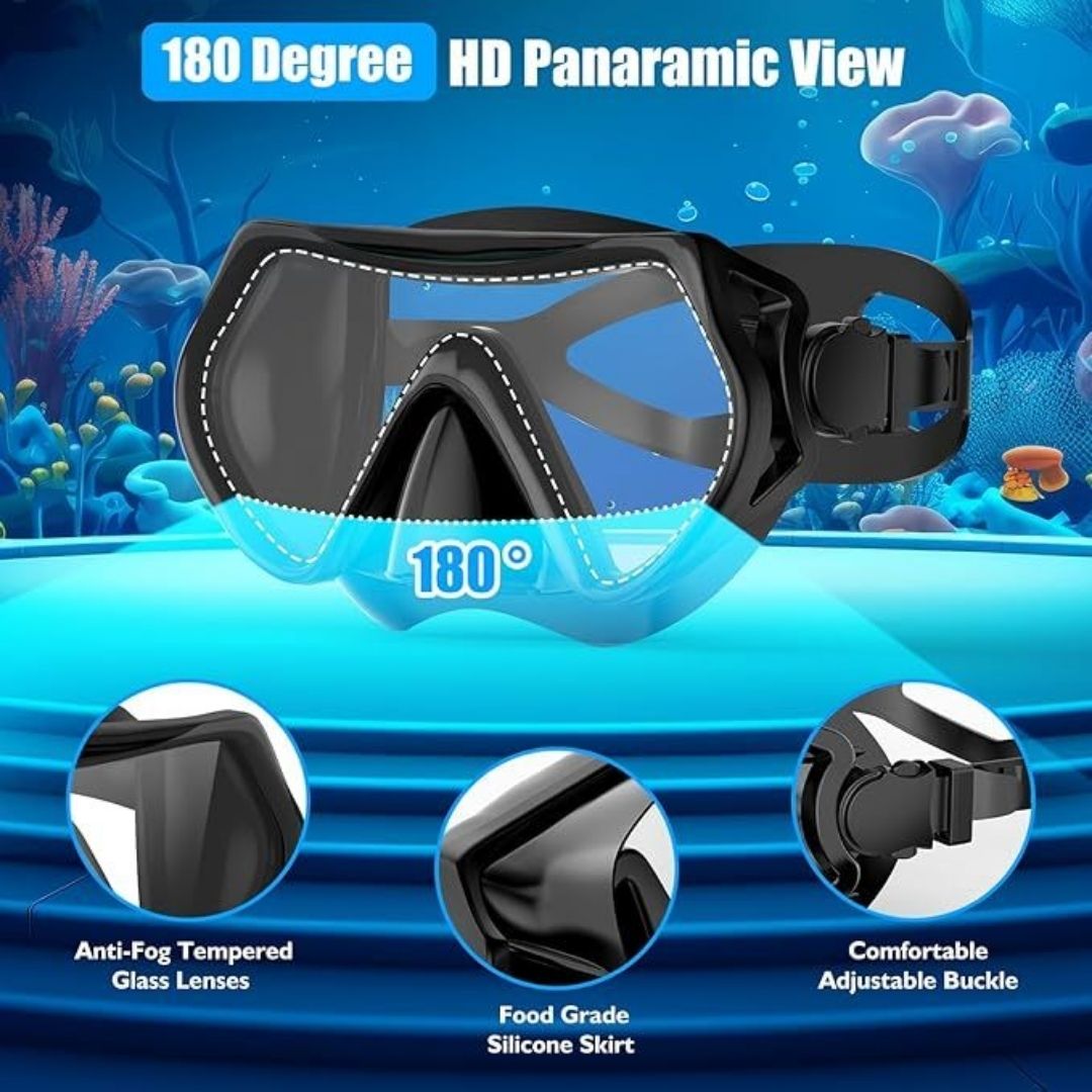 Equipo de buceo para adultos, Careta con esnórquel seco, lente panorámica de vidrio templado antifugas y antivaho, color negro