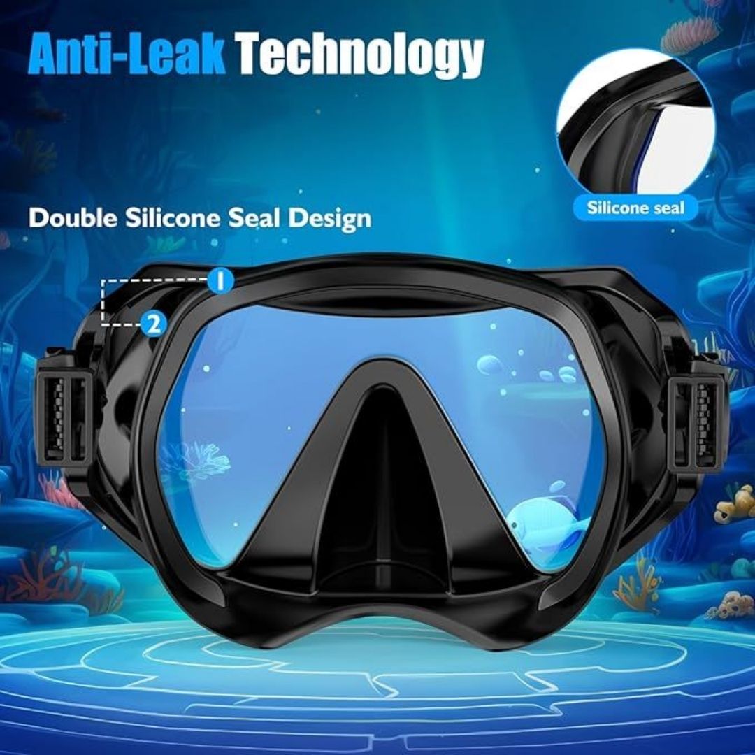Equipo de buceo para adultos, Careta con esnórquel seco, lente panorámica de vidrio templado antifugas y antivaho, color negro