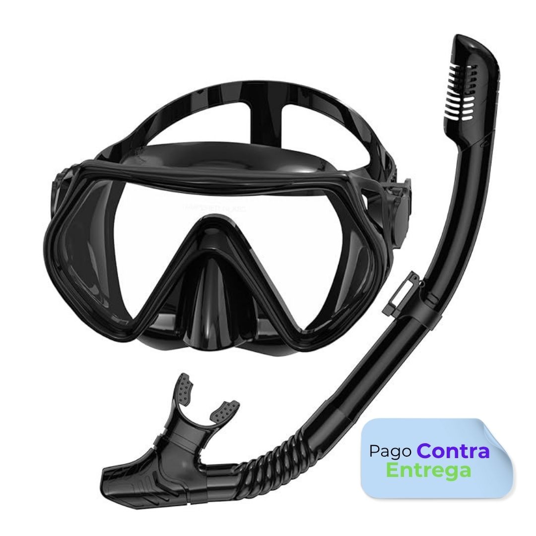 Equipo de buceo para adultos, Careta con esnórquel seco, lente panorámica de vidrio templado antifugas y antivaho, color negro