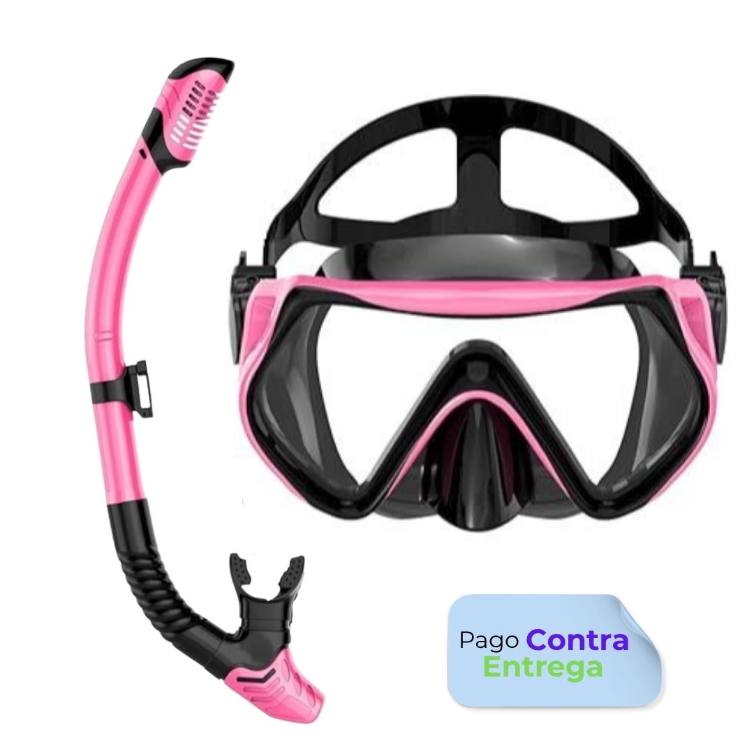 Equipo de buceo para adultos wutrye, Careta con Snorkel seco, lente panorámica de vidrio templado antifugas y antivaho, color rosa