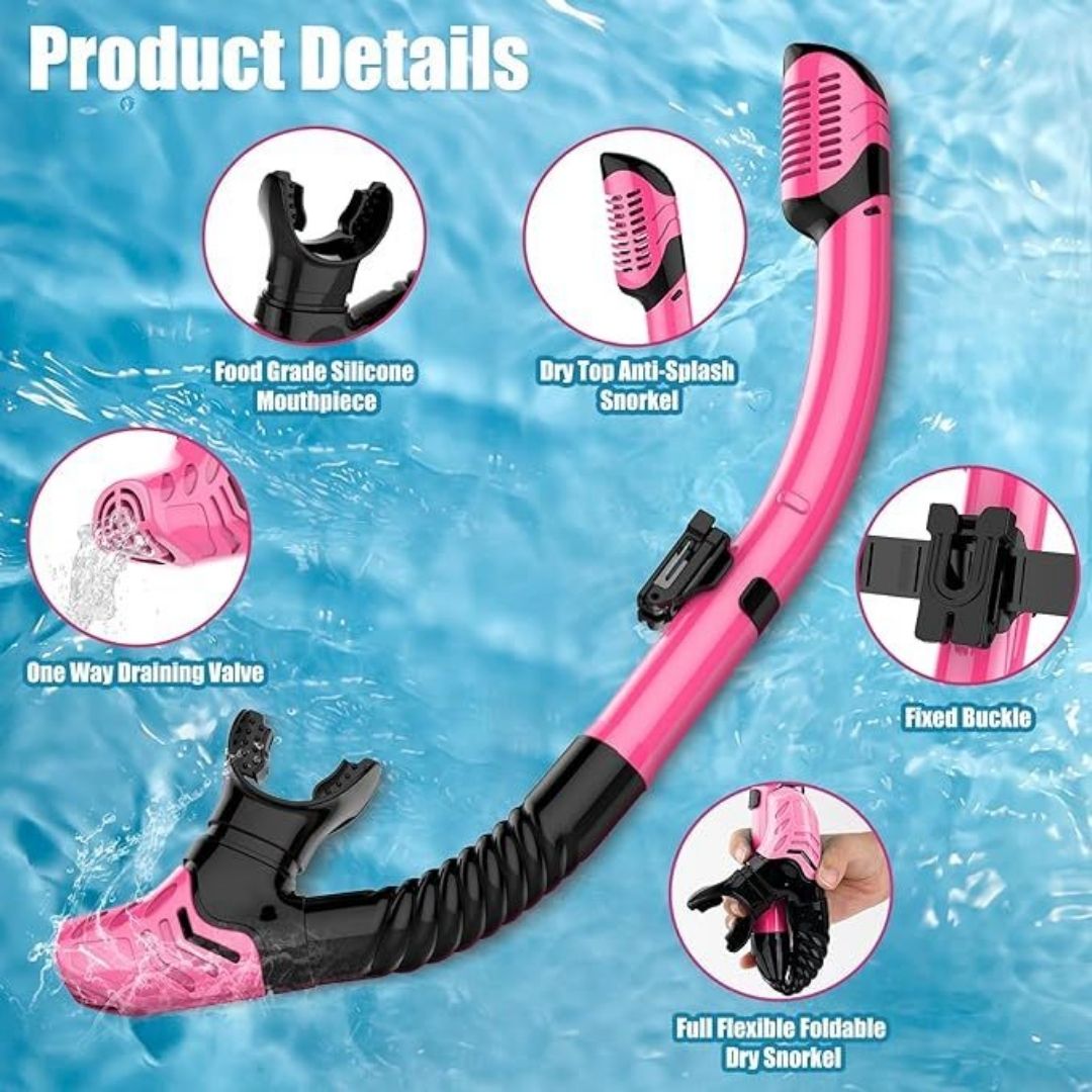 Equipo de buceo para adultos wutrye, Careta con Snorkel seco, lente panorámica de vidrio templado antifugas y antivaho, color rosa