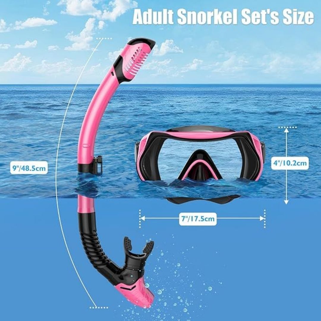 Equipo de buceo para adultos wutrye, Careta con Snorkel seco, lente panorámica de vidrio templado antifugas y antivaho, color rosa