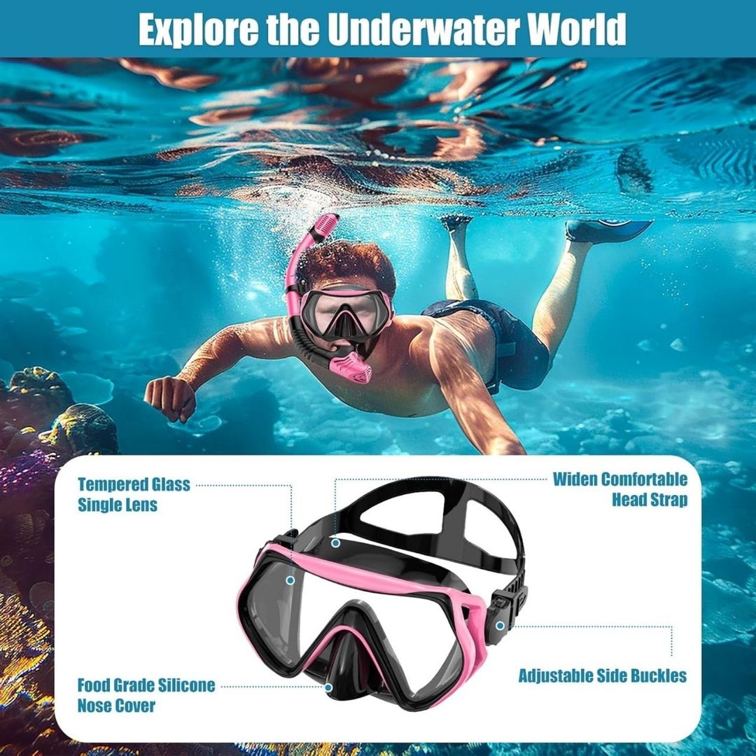 Equipo de buceo para adultos wutrye, Careta con Snorkel seco, lente panorámica de vidrio templado antifugas y antivaho, color rosa