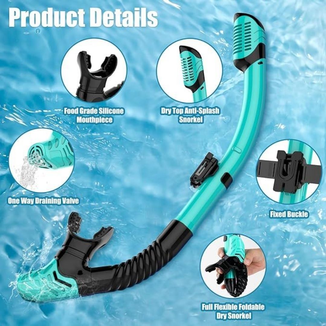 Equipo de buceo para adultos, Careta con snorkel seco, lente panorámica de vidrio templado antifugas y antivaho, color aguamarina