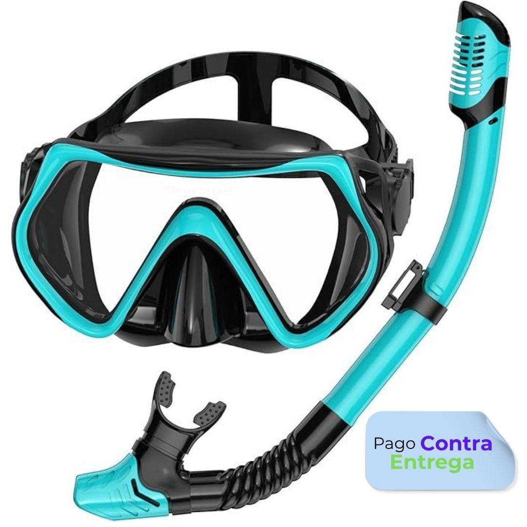 Equipo de buceo para adultos, Careta con snorkel seco, lente panorámica de vidrio templado antifugas y antivaho, color aguamarina