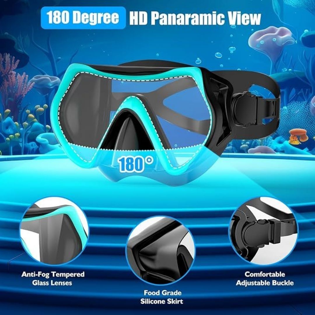 Equipo de buceo para adultos, Careta con snorkel seco, lente panorámica de vidrio templado antifugas y antivaho, color aguamarina