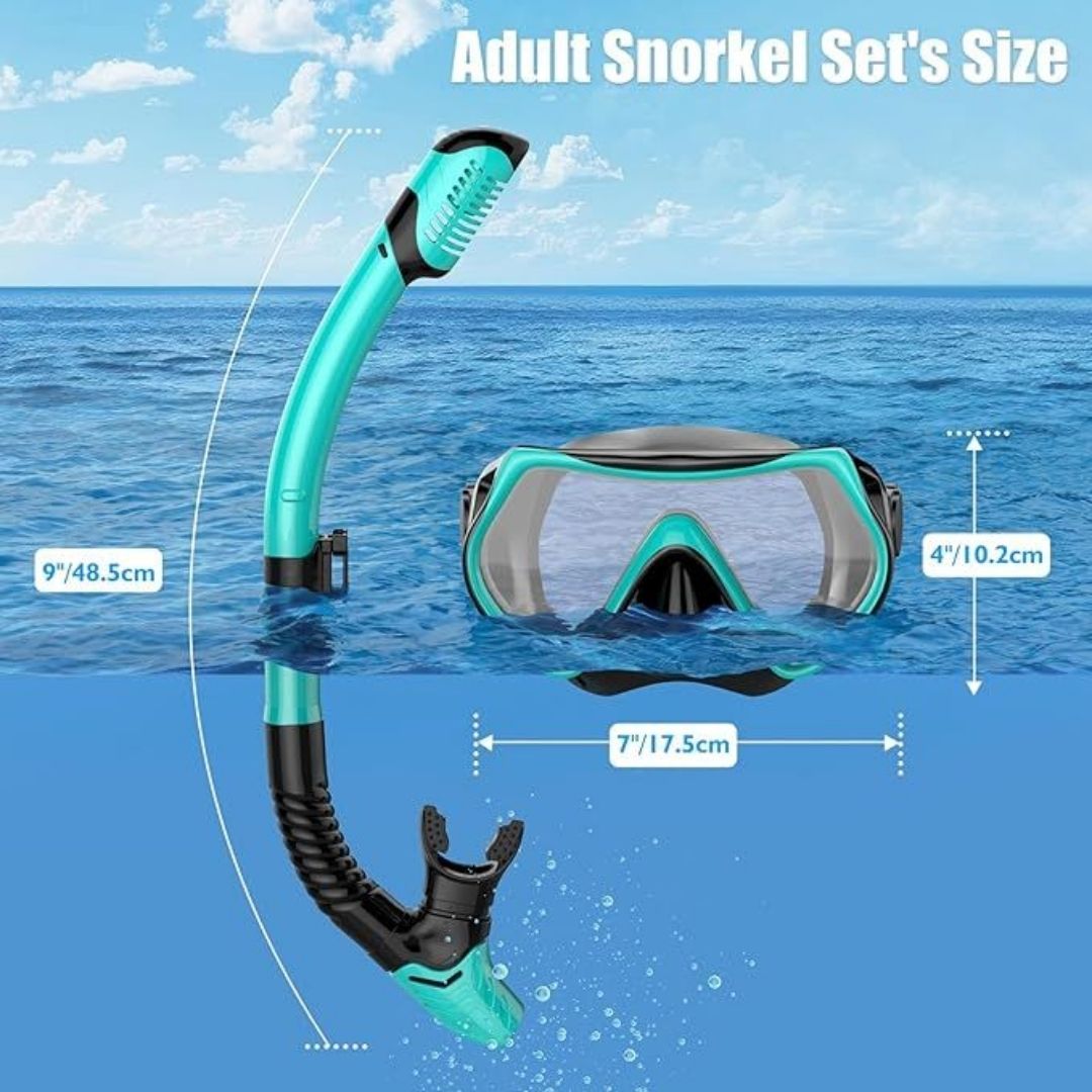 Equipo de buceo para adultos, Careta con snorkel seco, lente panorámica de vidrio templado antifugas y antivaho, color aguamarina