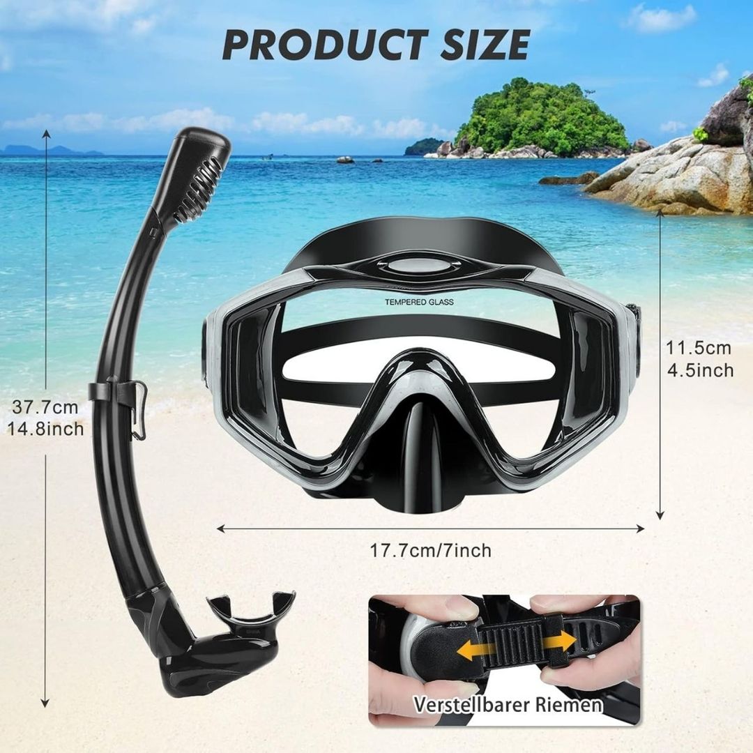 Set Careta Snorkel  profesional para buceo de silicona vista panorámica vidrio templado resistente ajustable color gris KUYOU