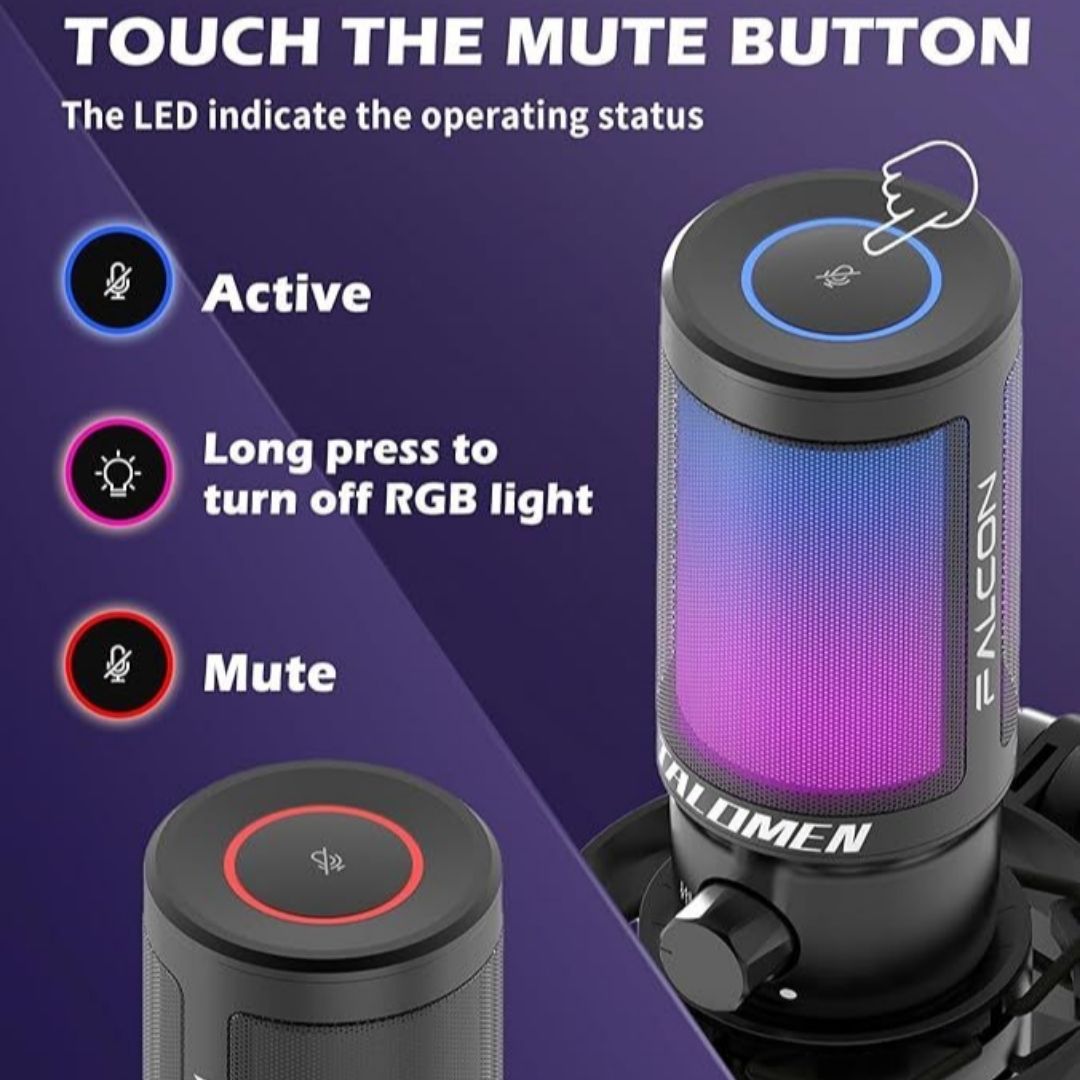 Micrófono de condensador para juegos PC RGB, silencio rápido, perilla de ganancia, Talomen Falcon con brazo articulado