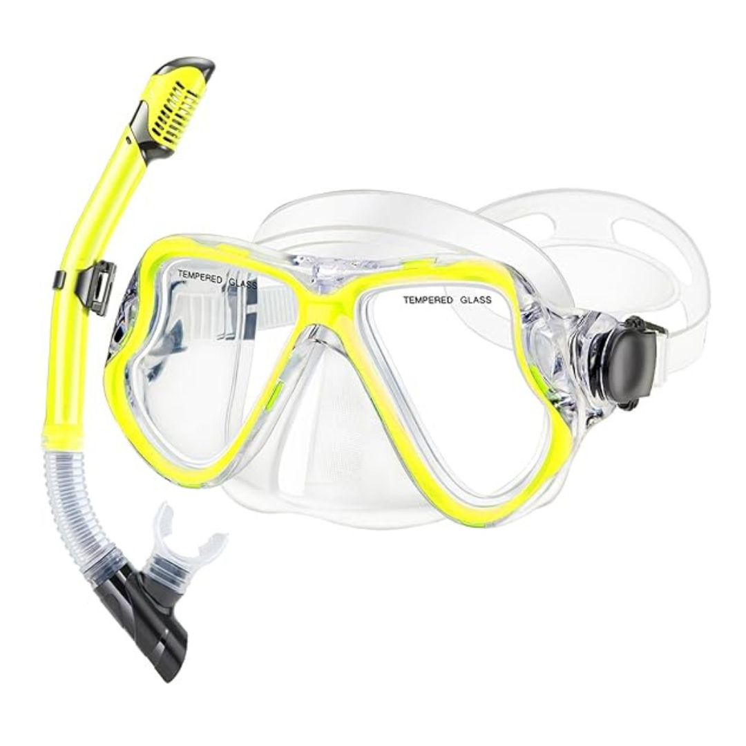 Snorkel kit de buceo profesional adultos JARDIN careta vidrio templando esnórquel resistente ajustable Amarillo