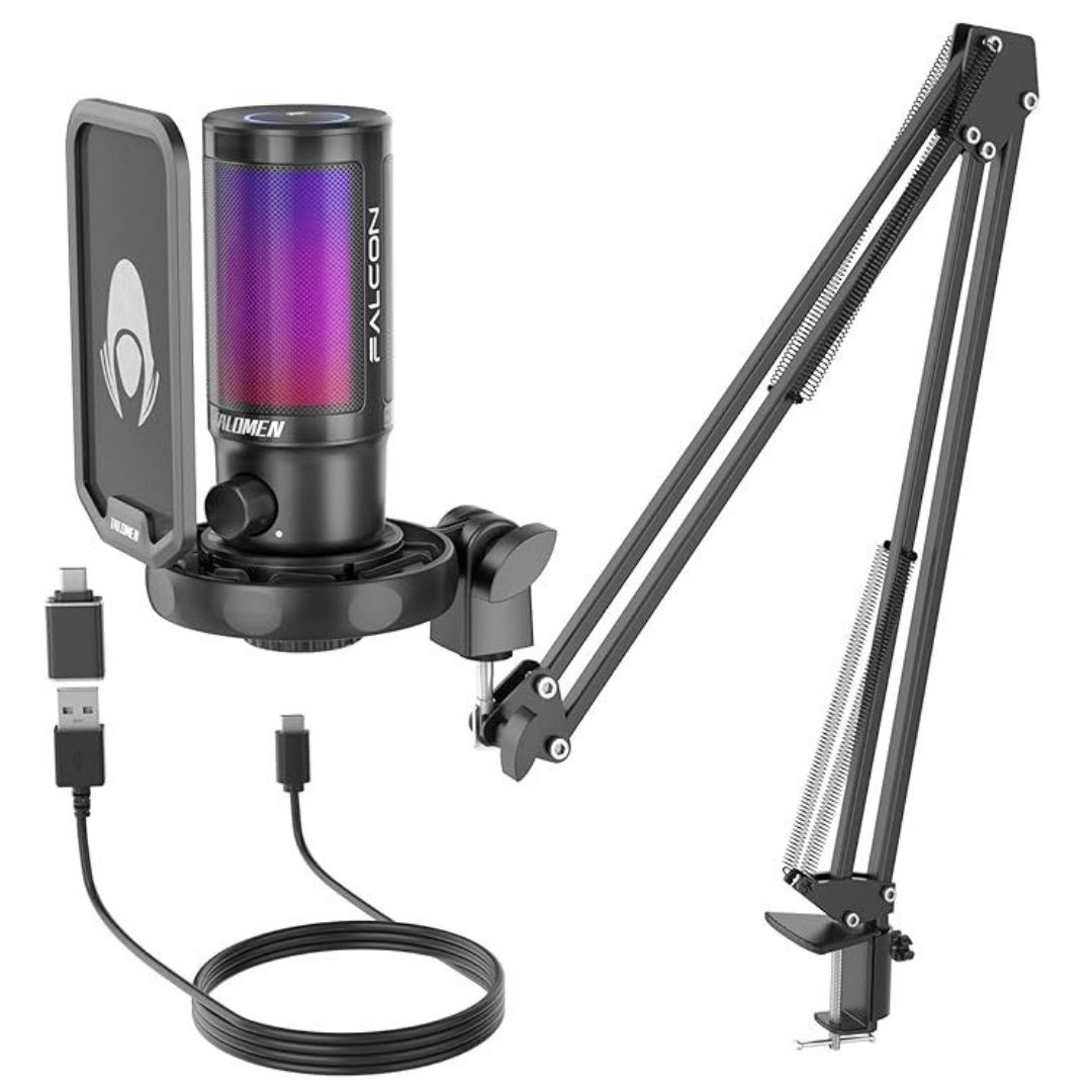 Micrófono de condensador para juegos PC RGB, silencio rápido, perilla de ganancia, Talomen Falcon con brazo articulado