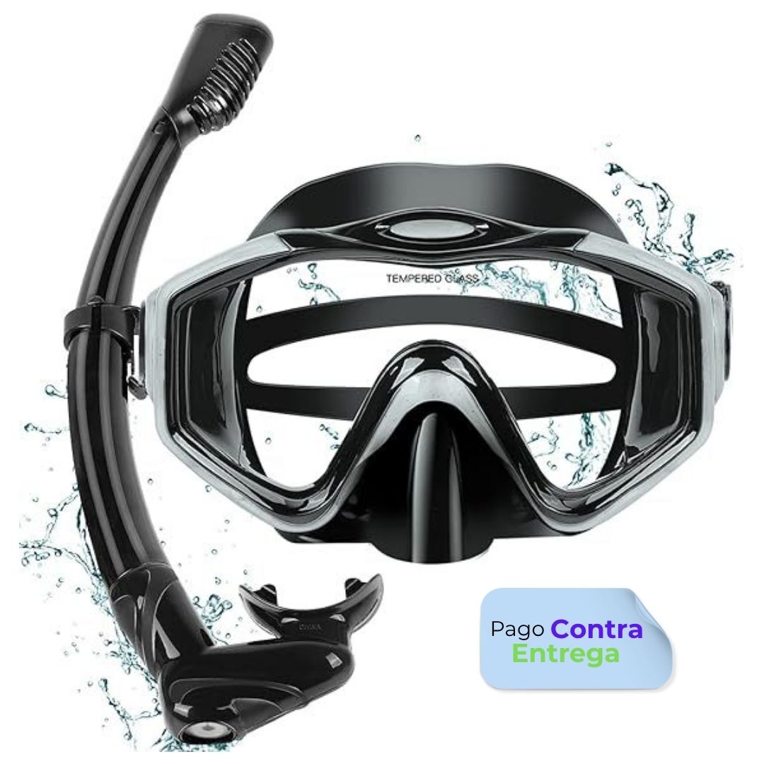Set Careta Snorkel profesional para buceo de silicona vista panorámica vidrio templado resistente ajustable color gris KUYOU
