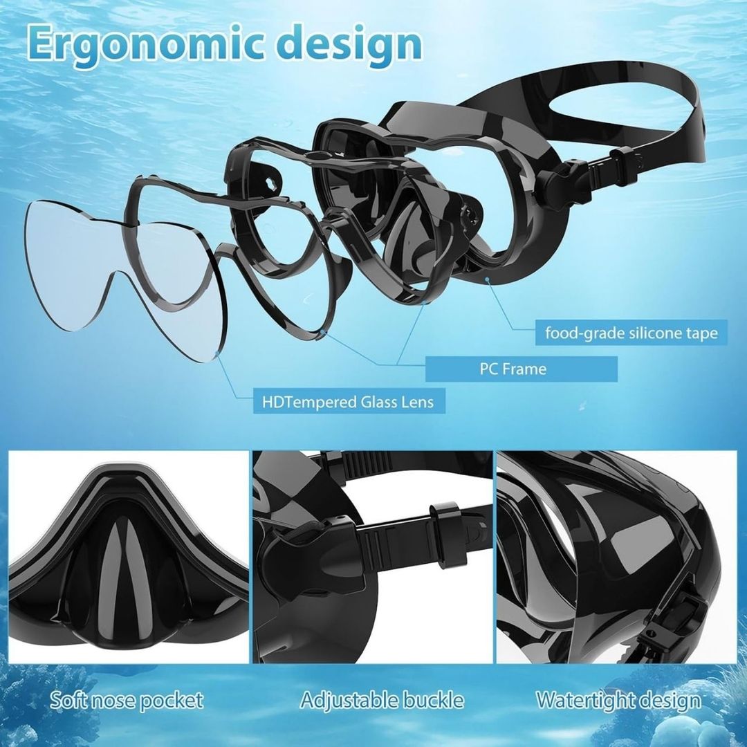 Set de buceo careta snorkel máscara  de vidrio templado esnórquel seco antiempañadura color negro